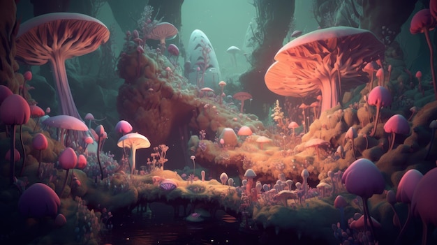 A digital painting of a forest with mushrooms and a large rock formation.