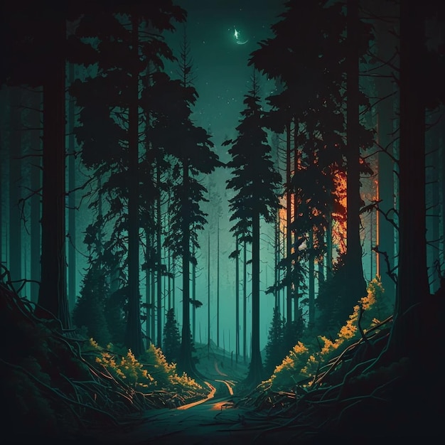 A digital painting of a forest with a path that is lit up by the moon.