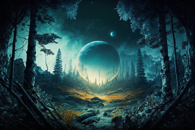 A digital painting of a forest with a planet in the middle