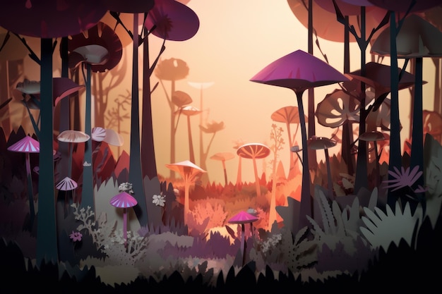 A digital painting of a forest with purple mushrooms.