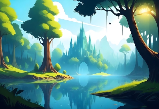 a digital painting of a forest with a river and trees