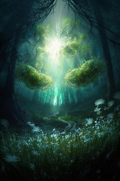 A digital painting of a forest with a tree and flowers