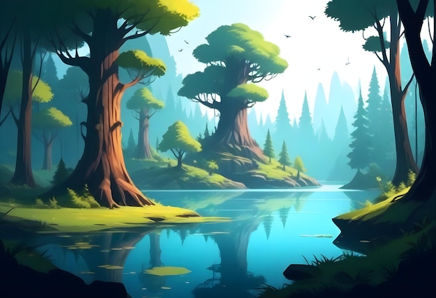 나무 와 물 이 있는 숲 의 디지털 그림