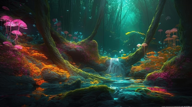 A digital painting of a forest with a waterfall in the middle