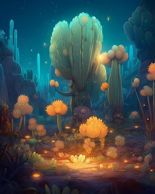 A digital painting of a forest with a yellow flower in the middle.