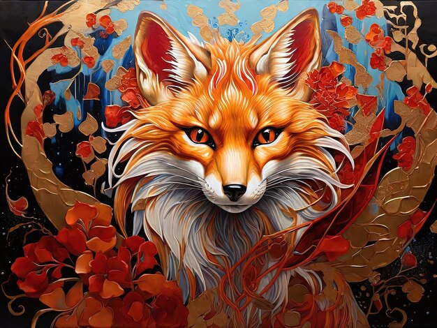 Digital painting of a fox with autumn leaves