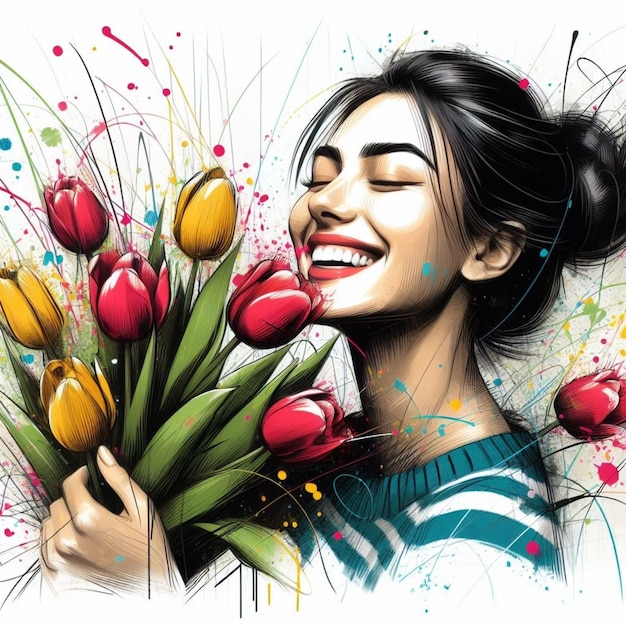 Digital painting of a Free and happy woman with flowers for International Womens Day