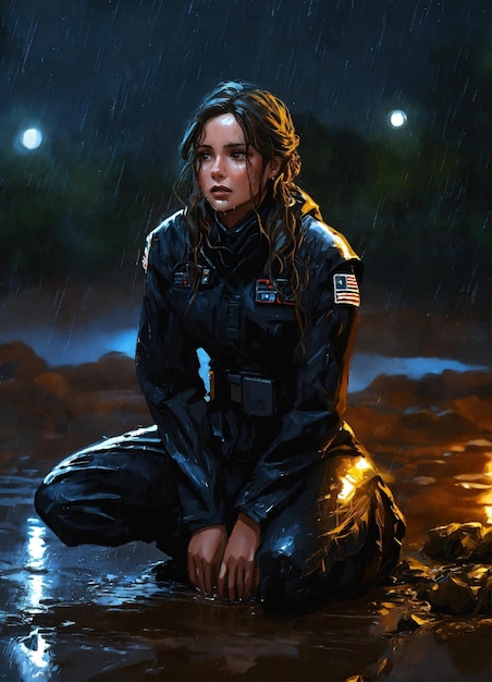 Photo digital painting of a frightened female star wars imperial with long wet hair in a black flight sui