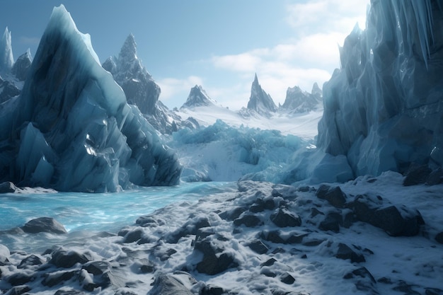 A digital painting of a frozen mountain with a blue iceberg.