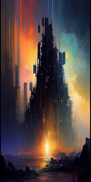 Digital painting of a futuristic city at sunset generative ai