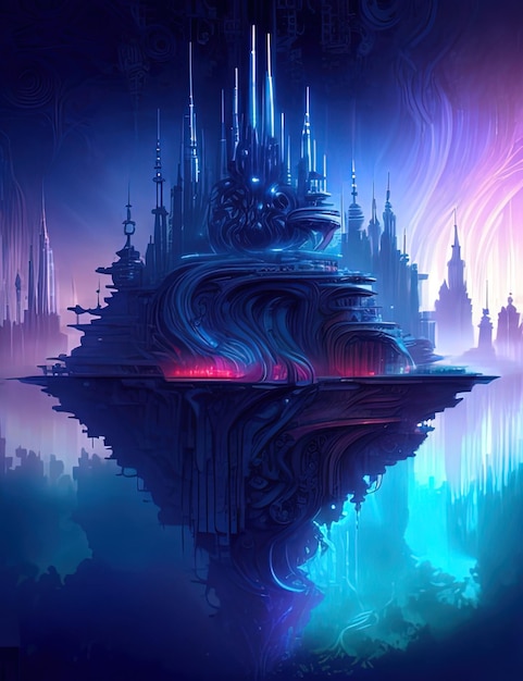 a digital painting of a futuristic city with a castle on top