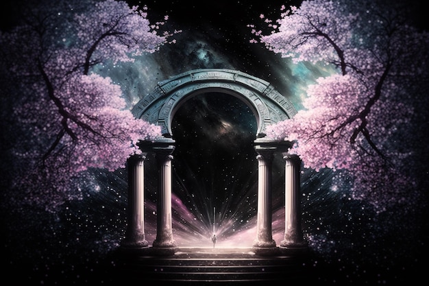 A digital painting of a gate with a pink flower in the background.