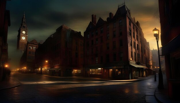 A digital painting of a ghostly cityscape with a decaying clock tower at the center