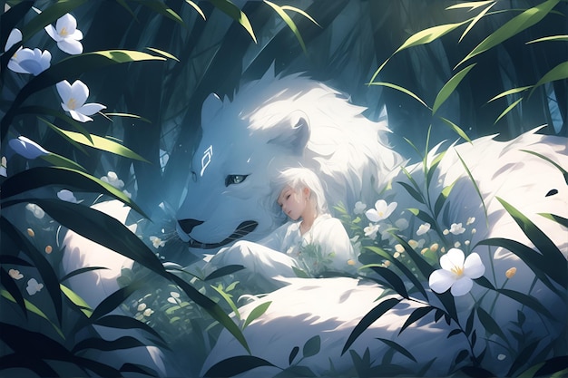 Digital painting for a giant white lion guarding the nature