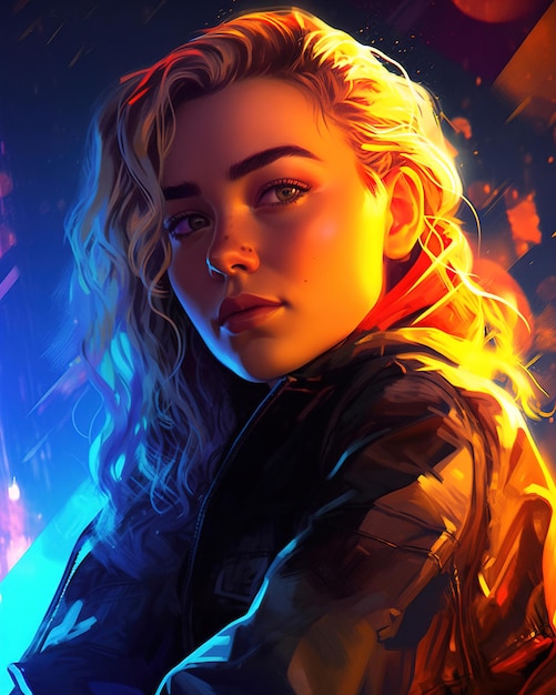 A digital painting of a girl with a black jacket and blue eyes