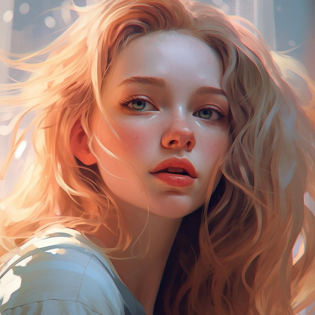 A digital painting of a girl with blonde hair and a blue shirt.