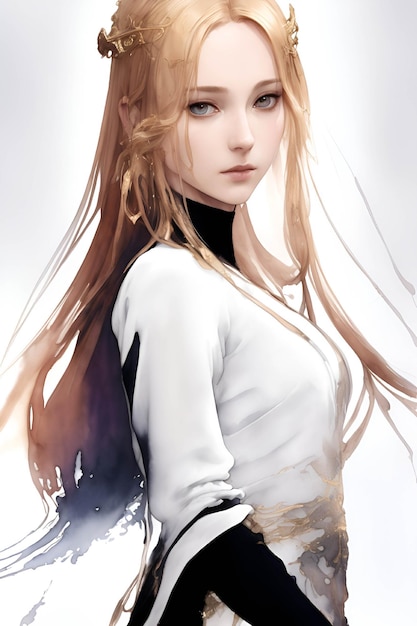 금발 머리에 흰색 셔츠를 입은 소녀의 디지털 그림.