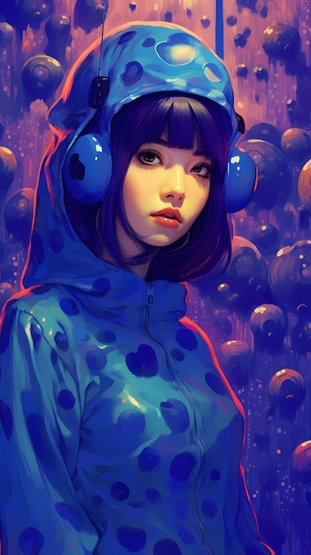 파란 머리에 물방울무늬 후드티를 입은 소녀의 디지털 그림.