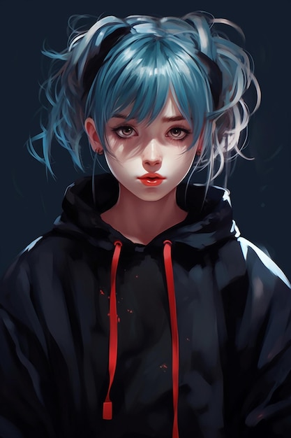 A digital painting of a girl with blue hair and a red ribbon.