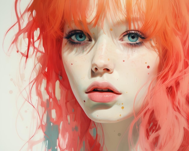 a digital painting of a girl with bright red hair