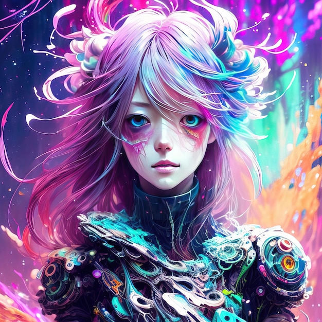 A digital painting of a girl with colorful hair and a rainbow on her head.