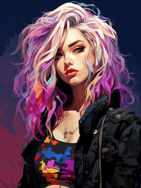 a digital painting of a girl with colorful hair