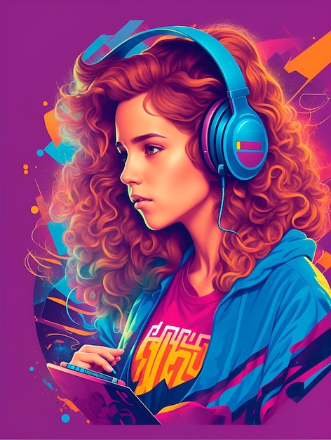 A digital painting of a girl with headphones on her head
