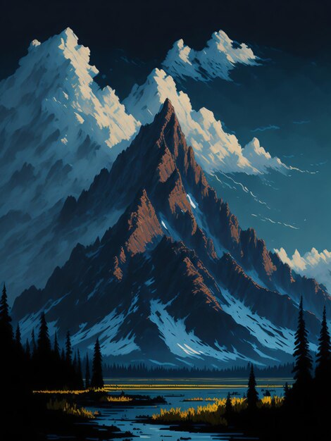 Digital painting of glaciers and mountains clear blue sky