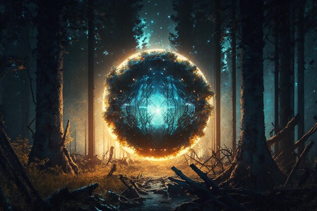 A digital painting of a glowing orb in a forest