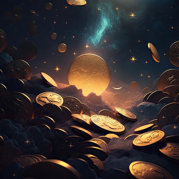 A digital painting of gold coins and a starry sky