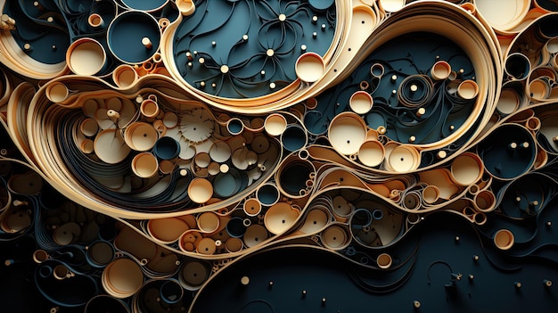 a digital painting of gold and silver circles with a blue background.