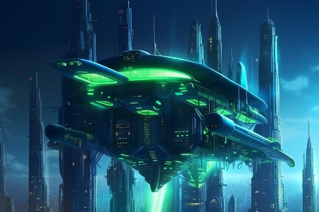 Digital painting of a gothic cyberpunk future city in dark blue and green tones with flying spaceships fantasy 3D illustration Generative AI