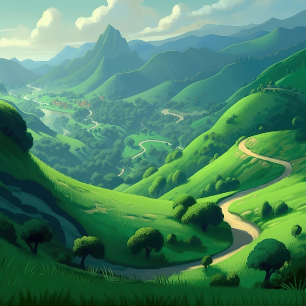 Digital painting of green hill