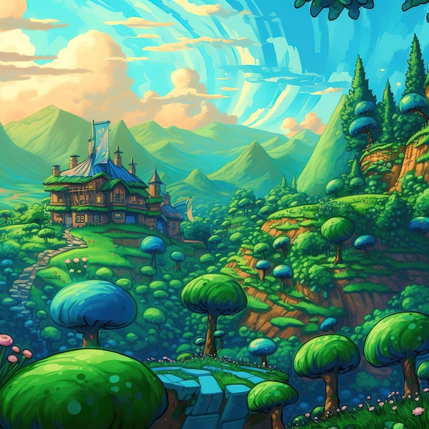 Digital painting of green hill