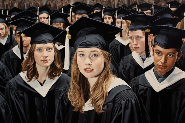 A digital painting of a group of students wearing caps and gowns.