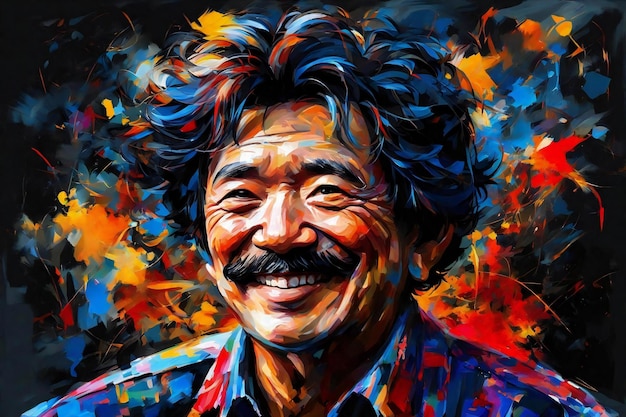 Digital painting of a happy Indian man with a mustache and beard