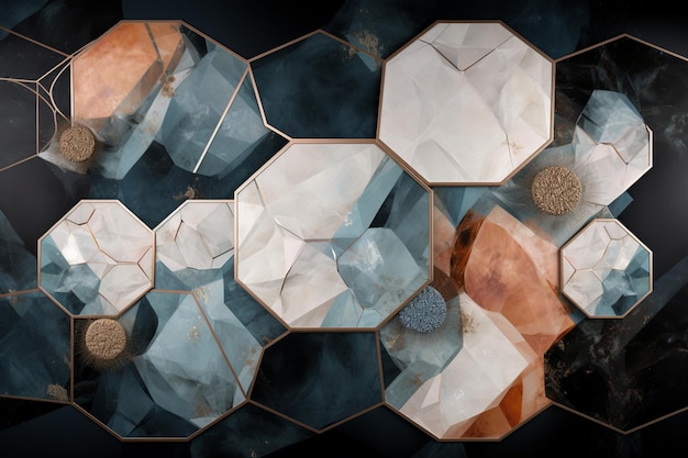 A digital painting of a hexagon with a blue background and white and brown crystals.