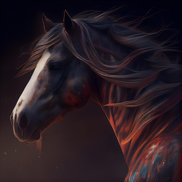 Digital painting of a horse in the fire on a black background