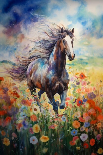 Digital painting of horse running in an field with colourful flowers