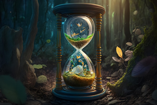 A digital painting of a hourglass with a picture of a tree and the word time on it.