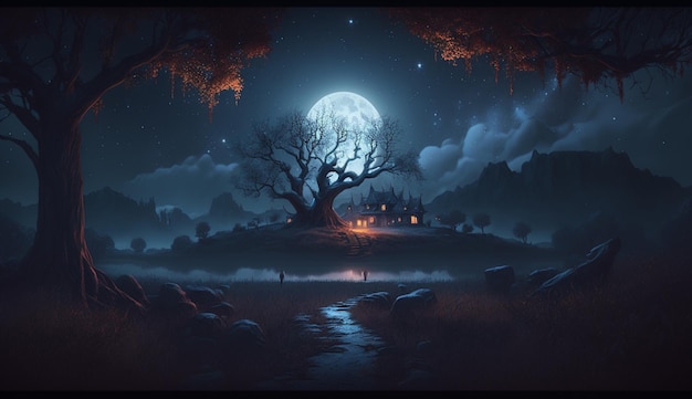 왼쪽에 나무가 있는 어둠 속의 집의 디지털 그림.