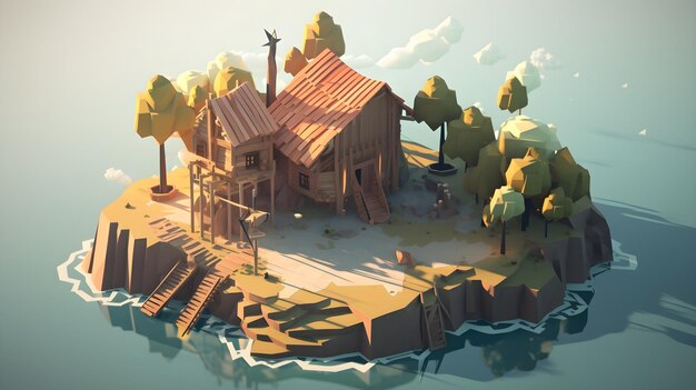 A digital painting of a house on an island