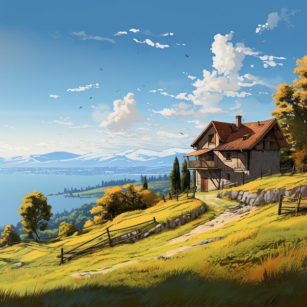 農村風景のデジタル絵画イラスト