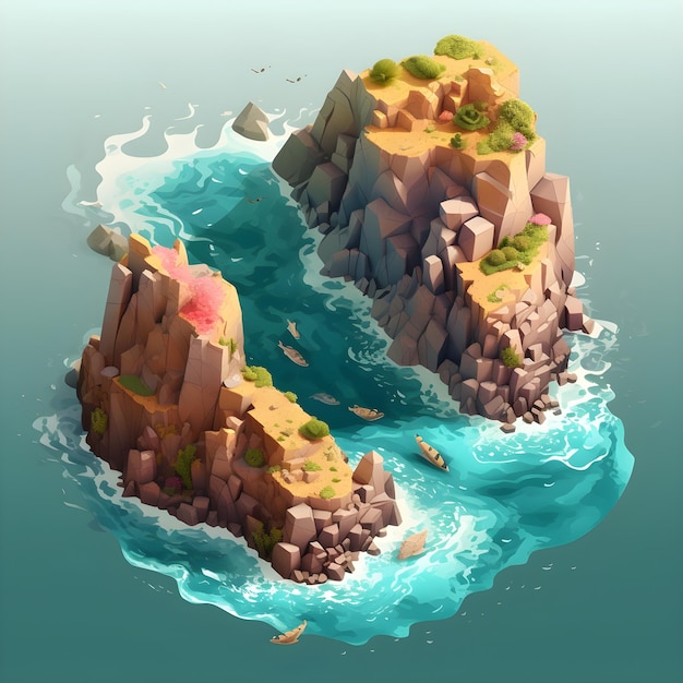 A digital painting of a island with a boat on it