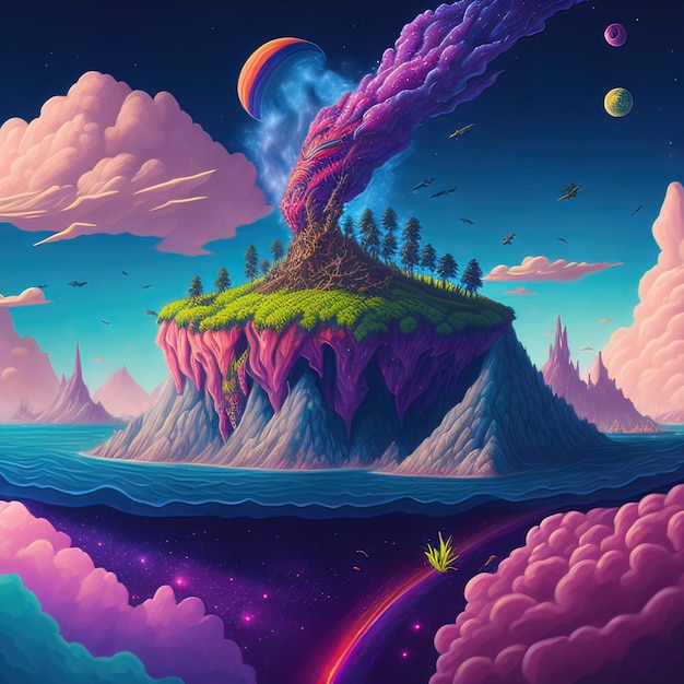 A digital painting of a island with a rainbow and a bird on it.