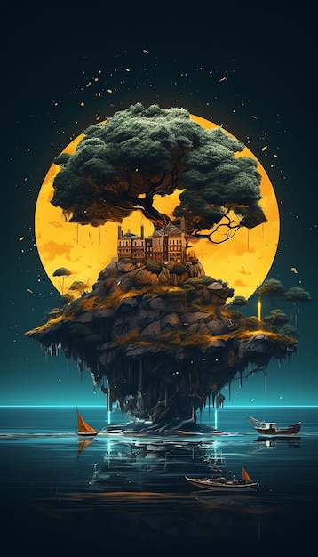 A digital painting of a island with a tree on it