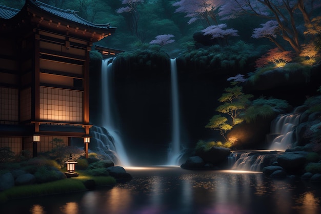 A digital painting of a japanese house with a waterfall in the background.