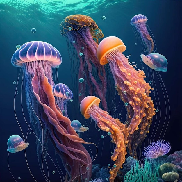 A digital painting of jellyfish and other jellyfish