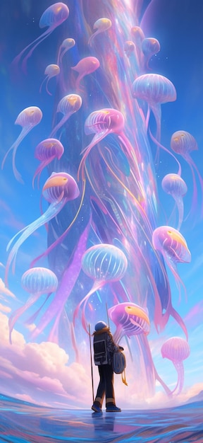 A digital painting of jellyfish in the sky