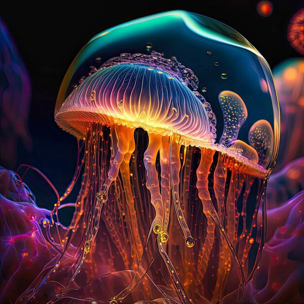 A digital painting of a jellyfish with a black background.